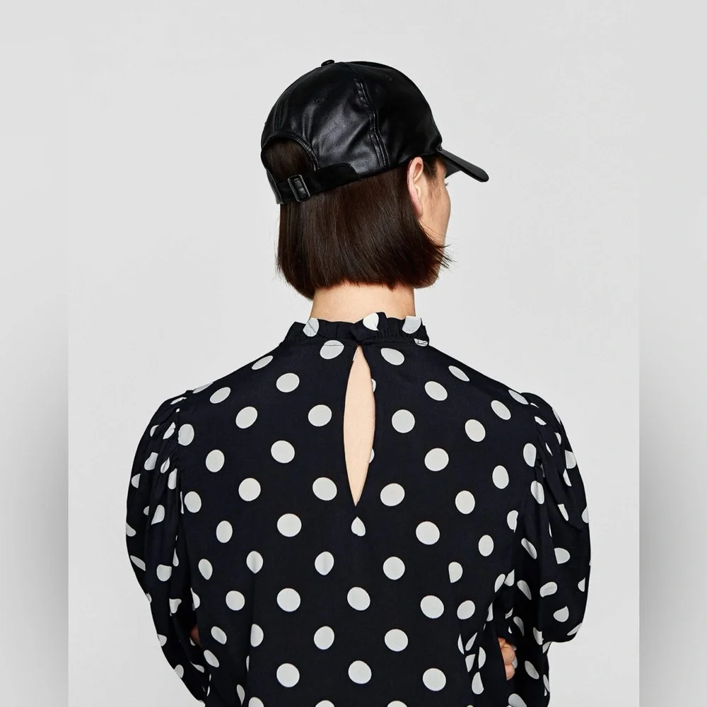 ZARA Smocked Puff Sleeve Polka Dot Mock Neck Blouse in Black